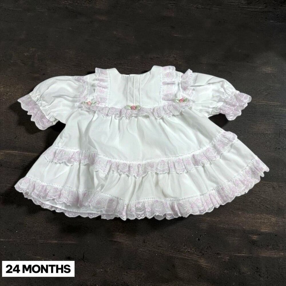Vtg 80s Baby Girl Lace Ruffles Pink Rosettes Party Easter Heirloom Dress 24 Mos